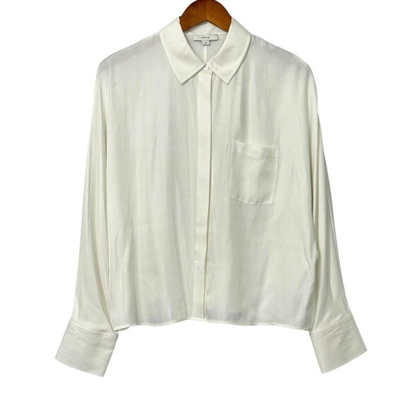 Vince NWT Womens Long Sleeve Silk Rayon Blouse Button Down Collared Ivory Size L - Picture 1 of 10